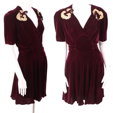 30s ruby red silk velvet dress, vintage 1930s 1940s holiday dress, valentine dress, short velvet day evening dress M 