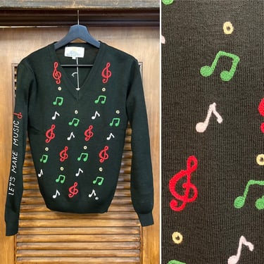 Vintage 1960’s “Let’s Make Music” Music Notes Black V-Neck Sweater, 60’s Mod Style, Vintage Sweater, Vintage Embroidery, Vintage Clothing 