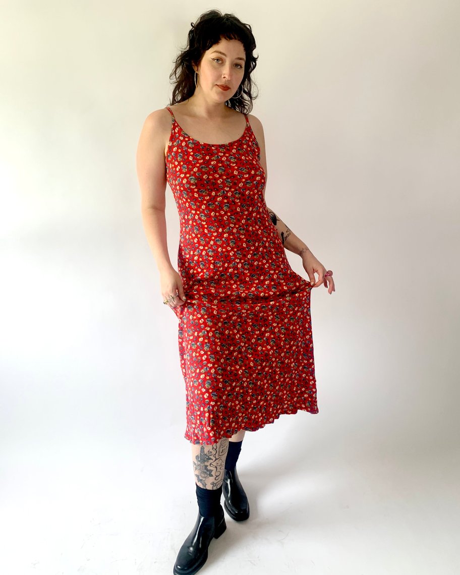90's Red Floral Ribbed Maxi Dress | Prototype Vintage | Austin, TX