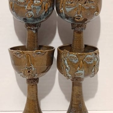 Vintage Signed Jean Caveness Ceramic  Art Goblet Sculptures Happy Family Set of 4 
