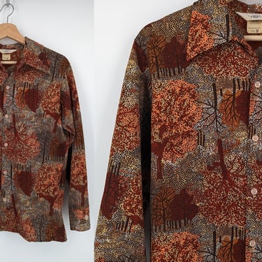 Vintage Seventies Jantzen Medium Tree Leaf Print Long Sleeve Button Up Blouse - 70s Print Shirt 