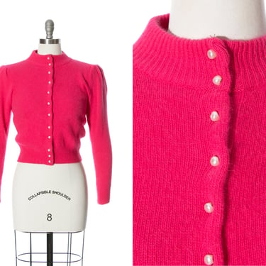 Vintage 1980s Cardigan | 80s Hot Pink Knit Wool Angora Pearl Style Buttons Cropped Puff Shoulder Sweater Top (x-small/small/medium) 