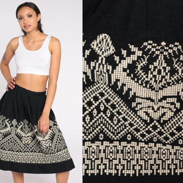 Embroidered Folk Skirt 60s Black Pleated Midi Skirt High Waisted White Geometric Retro Preppy Boho Hippie Vintage 1960s Wool Small Medium 