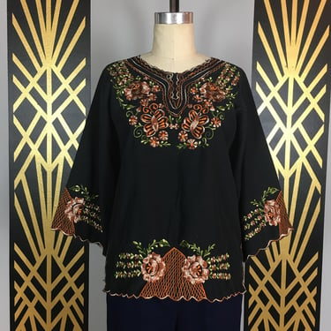 1970s tunic top, embroidered blouse, black floral, vintage blouse, size medium, mexican tunic, cotton blend, festival style, hippie top, 36 