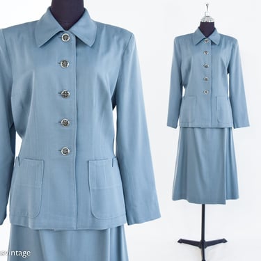 1940s Blue Gabardine Wool Jacket & Skirt Suit | 40s Blue Wool Suit | Slate Blue Suit | Medium 