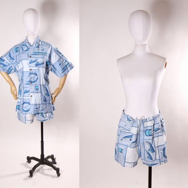 1960s Blue White Novelty Nautical Boat Hawaiian Shirt with Matching Swim Trunk Shorts Two Piece Mens Swimsuit by His Royal Highness HRH -L 