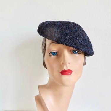 1950's Navy Blue Ribbon Fleurette Beret Style Hat with Glass Beads Sporty Elegant Evening Cocktail 50's Millinery Roberta Bernays 