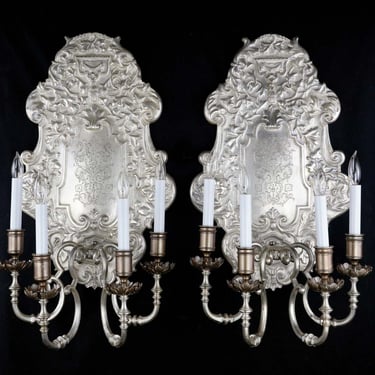 Restored 1890s Pair of Oversized Silvered Bronze Sconces by EF Caldwell