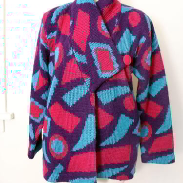 80's Abstract Bright Purple Sweater Coat, Vintage 1980's Knit Jacket, FUN, Via Frascatti, Medium 