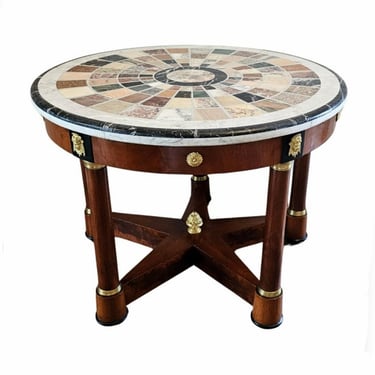Italian Grand Tour Empire Style Round Mahogany Table with Specimen Marble Pietra Dura Top 