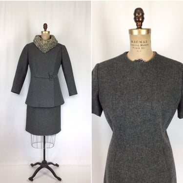 Vintage 50s dress suit | Vintage grey flannel sheath dress matching coat | 1950s two piece dress suit 