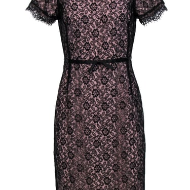 St. John - Black Floral Lace Beaded Sheath Dress w/ Light Pink Underlay Sz 4