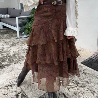 vintage tiered sheer lined ruffled silk paisley print midi  skirt 