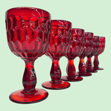 Vintage Fenton Water Goblets Retro 1960s Mid Century Modern + Ruby Red + Thumbprint + Set of 6 + Kitchen + Drinking + Wine Glasses + Barware 