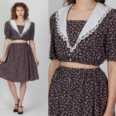 Vintage 80s Does 30s Calico Floral Skirt Set - XS to Small | Sailor Collar Cropped Blouse & High Waist Midi Skirt Two Piece Outfit 
