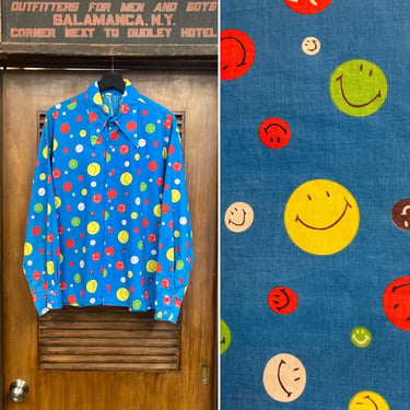 Vintage 1960’s Smiley Face Hippie Disco Glam Cotton Long Sleeve Shirt, Dagger Collar, Pop Art, Harvey Ball Artist, Original 