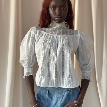 Vintage Edwardian Pleated Cotton Lace Blouse