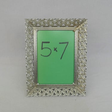 Vintage Silvertone Metal Filigree Picture Frame - Holds 5" x 7" Photo - 5x7 Frame w/ non-glare Glass - Tabletop or Wall Display 