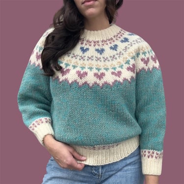 Vintage Sweater Retro 1980s Susann d + Hand Knit + Size Small + Fair Isle + Heart Print + Flowers + Pastel Colors + Wool + Mohair + Pullover 