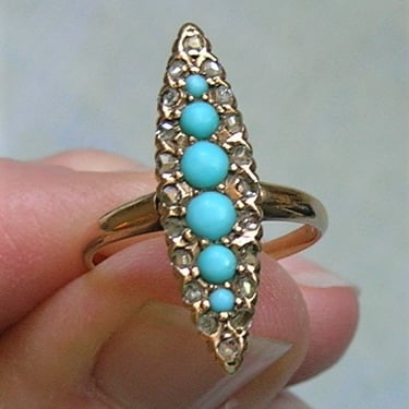 Antique Turquoise and Diamond Navette Ring, Antique Victorian Navette Ring, Old Victorian Ring AS IS, Size  3 1/4 (#4224) 