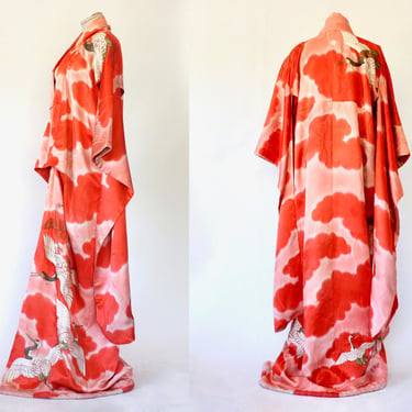 Uchikake Furisode Japanese Silk Wedding Kimono Coat - Forbidden Stitch Embroidered Crane Flying Through Resist Dyed Clouds - 1930s - 1940s 