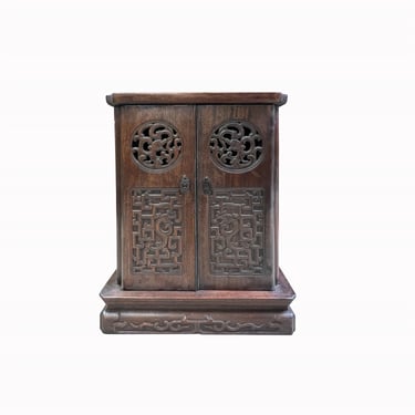 Chinese Oriental Brown Relief Ru Yi Carving End Table Nightstand cs7588E 