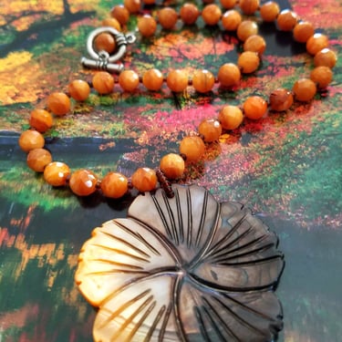 Vintage Gemstone & Shell Necklace~Carved Shell Flower~Faceted Orange Carnelian Beads~Hand Beaded Necklace/Choker~JewelsandMetals 