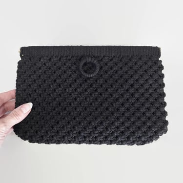 VINTAGE 60s 70s Black Macrame Crochet Flex Hex Frame Pop-Open Clutch Handbag | 1960s 1970s Purse Pocketbook | Spring Action Closure vfg 