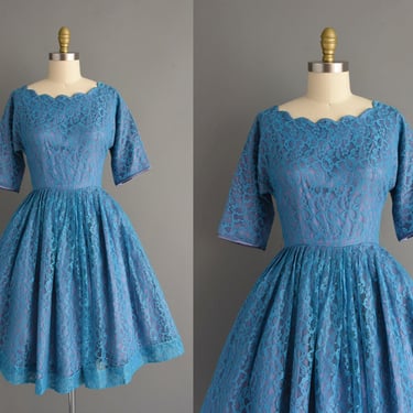 1950s vintage Blue Lace Full Skirt Dress | Small 