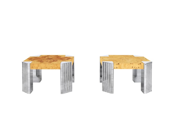 Vintage Burl Wood and Chrome "Skyscraper" Side Tables