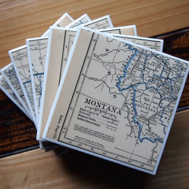 1931 Montana Map Coasters Set of 6. Vintage Montana Coasters. State Map Gift. Montana History. Missoula Map. Billings. Helena Map. Rocky Mtn 