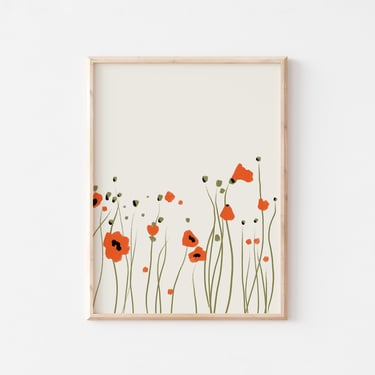 Floral Poppies Art Print, Neutral Wall Art, Minimalist Home Decor, Boho Art, Floral Nursery Art, Botanical Print 