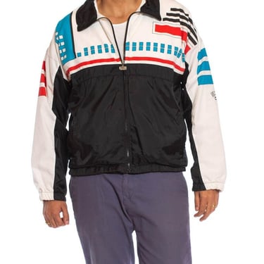 1980S Black & White Nylon Lined In Cotton Jersey Sports Windbreaker Jacket 