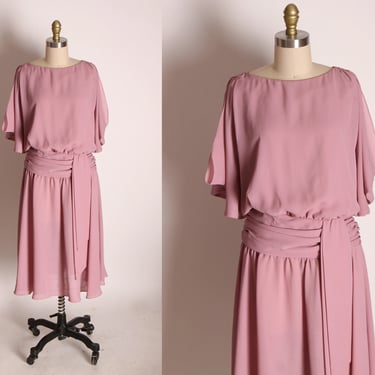1970s Dusty Rose Pink Short Flutter Sleeve Draped Chiffon Formal Dress by Joy Stevens California -S 