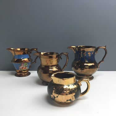 Copper and gold luster cream pitchers - set of 4 vintage jugs 