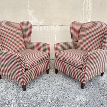 William Alan Green & Red Plaid Wingback Lounge Arm Club Chairs - a Pair