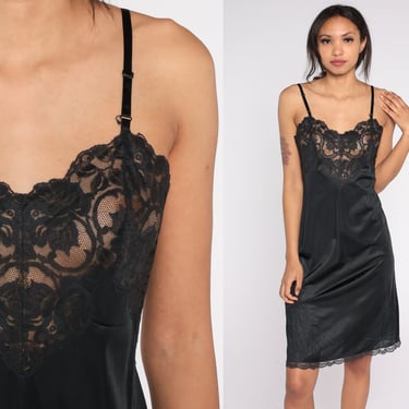 Black Slip Dress 70s Midi Lace Lingerie Gothic Nylon Vintage 1970s Goth Pinup High Waist Nightgown Spaghetti Strap Small S 