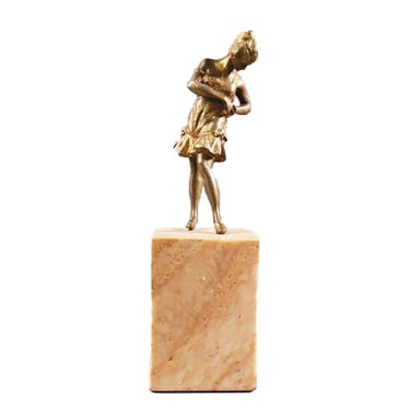 Brass Art Deco Flapper Girl Sculpture on Peach Marble Obelisk 