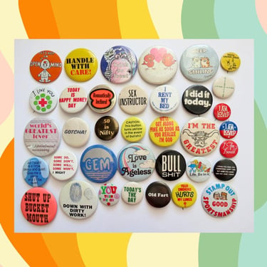 Vintage Pinback Button -  60s 70s 80s Groovy Humor Themes - Misc. Novelty Pins - You Choose - Genuine Vintage Pin Buttons 