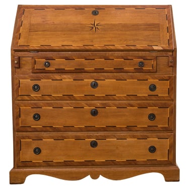English Georgian Style Oak Marquetry Drop Front Secretary Desk