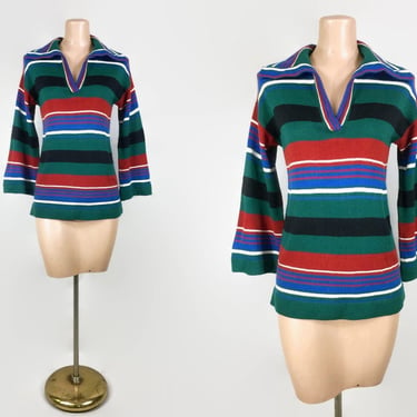 VINTAGE 70s Bell Sleeve Color Block Striped Tunic Sweater | 1970s BOHO Hippie Sweater |  Jewel Tone Knit Top | Size Small 