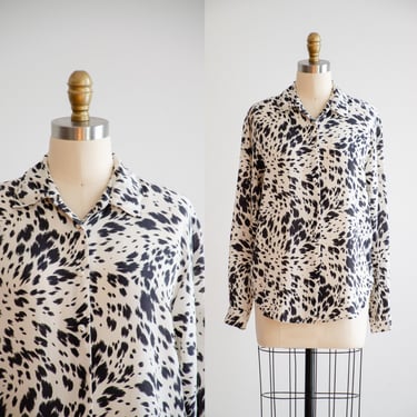 cream silk shirt 90s vintage Dalmatian pattern black spotted long sleeve blouse 