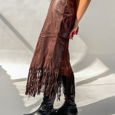 Brown Suede Leather Lace-Up Fringe Skirt (S)