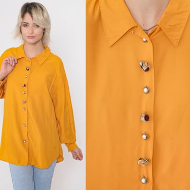 Tangerine Blouse 90s Pearl Rosette Button up Shirt Long Sleeve Collared Top Retro Orange Plain Collar Vintage 1990s Oversized Large L 