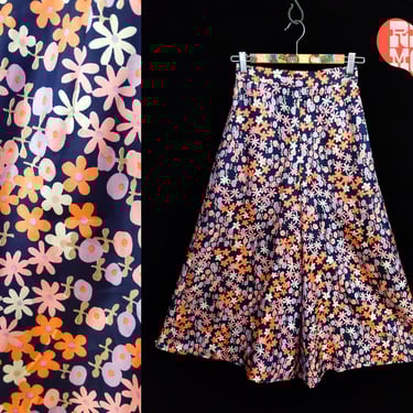 Groovy Vintage 60s 70s Navy Pink & Peach Flower Power Retro Culottes Pants 