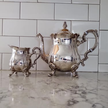 Vintage Leonard Silver Plated Ornate Footed Tea or Coffee Pot with Creamer Set 