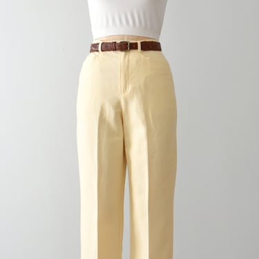 vintage linen cotton pants, 90s butter yellow trousers 