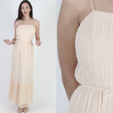 Miss Elliette Nude Chiffon Maxi Dress / Long Sheer See Through Tiered Skirt / 70s Floral Pleated Scallop Lace 