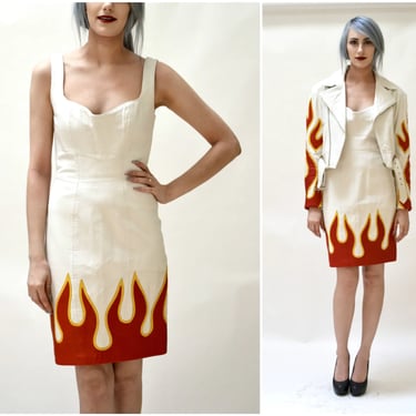 Stunning White Leather Dress by Michael Hoban North Beach// 90s Vintage Leather Dress White with Flames Small Medium Biker Dress 
