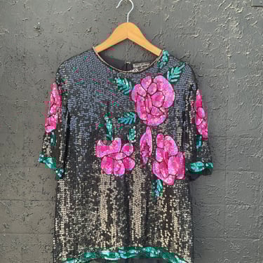 80s Pink & Black Sequin Rose Silk Top